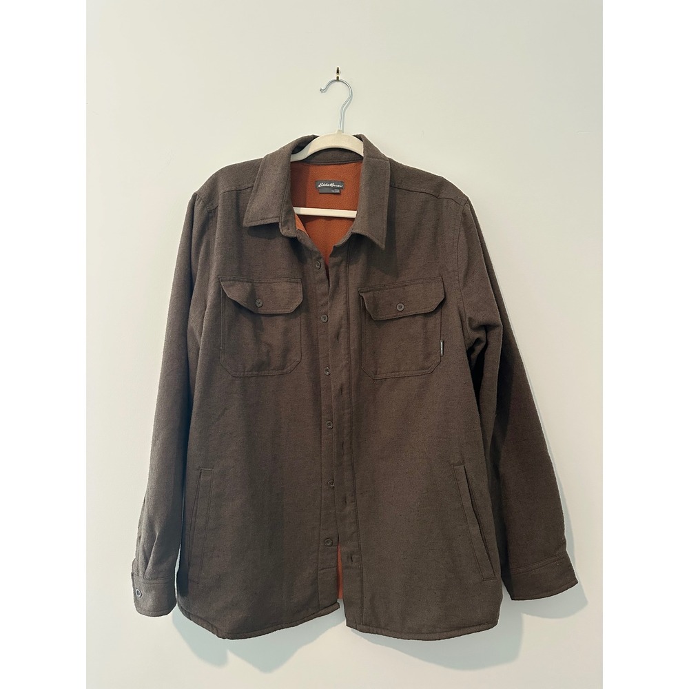 Eddie Bauer Mens Large Brown Fleece Lined Shirt Jacket Flannel Shacket Layering